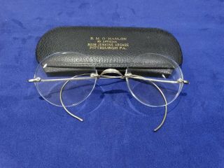 Antique Solid 14k Yellow Gold Small Wire Glasses Eyeglasses W/original Case