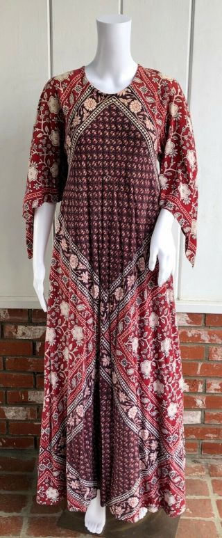 Vtg 70s Adini Style Indian Floral Blockprint Angel Sleeve Caftan Maxi Dress S/m