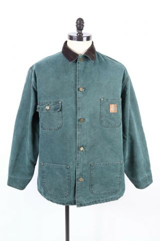 VTG CARHARTT Moss Green Duck Canvas Blanket Lined Chore Coat Jacket USA XL Tall 2