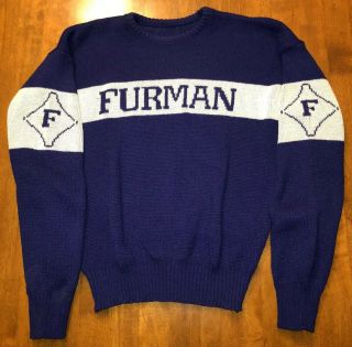 Vintage 60s 70s Furman University Paladins Knit Sweater Varsity Purple Usa Rare