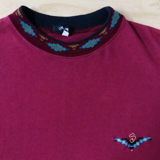 Vintage 80s Stussy T Shirt Collar Print Aztec Tribal Embroidered Logo Xl Tom Tom