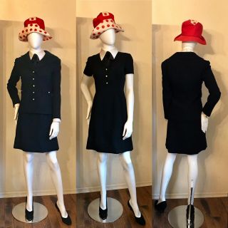 Vintage 1960’s 70’s Vera Hicks Seymour Fox Dapper Black Wool Dress Jacket Set S