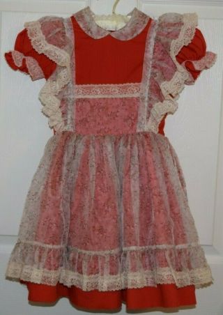 Vintage Betty Oden Red Party Holiday Dress Girls 6x White Rose Circle Ruffles