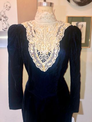 Nos Vtg Gunne Sax Jessica Mcclintock Blue Velvet Sequin Lace Victorian Dress 8 S