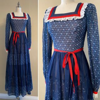 Vtg 70s Gunne Sax Style Prairie Maxi Dress Americana Mixed Floral Print Xs/s