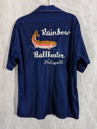Vtg 60s 70s Rainbow Trout Ballbuster Fish Kalispel Montana Embroidered Shirt L