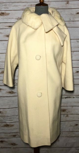 Vtg Lilli Ann Coat 50s 60s Dressy Wool Cashmere Fur Swing Coat Jacket Ivory 13