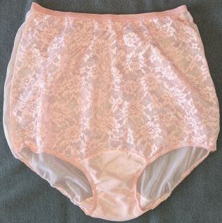 Vintage Vanity Fair Pink Double Nylon & Lace Brief Panties 6 Sheer