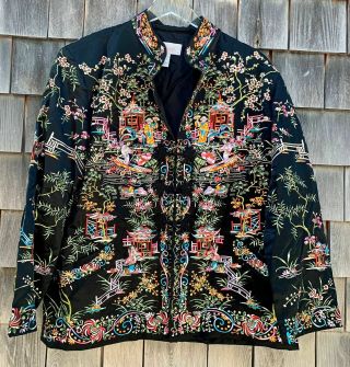 Vintage Chinese Hand Embroidered Silk Jacket Heavily Embroidery Size 3 Or Xl