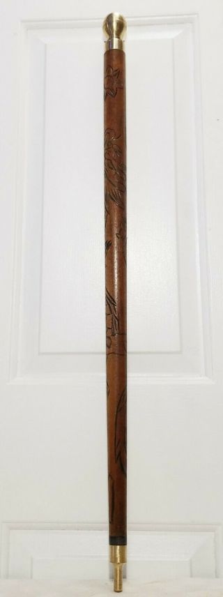 Antique Walking Stick Pool Cue " Gadget Cane " Burnt Carving Of Dragon Heavy Brass
