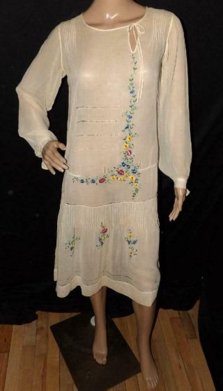 Best Antique Vtg 20s Flapper Embroidered Flowers Sheer Cotton Better Day Dress