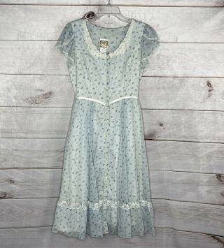 Vtg 70s Gunne Sax Floral Romantic Lace Collar Calico Button Front Dress 11 Blue