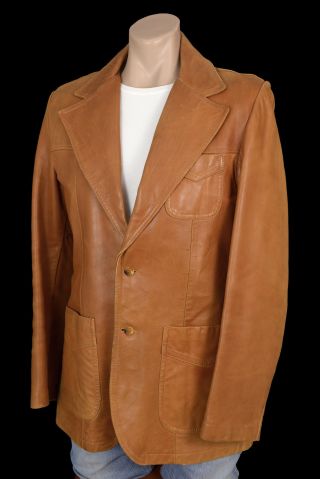 Vintage 60s 70s Tan Leather Rock Star Jacket Sportscoat Retro Gano - Downs Blazer