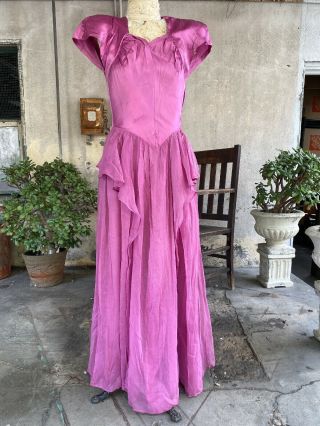 Antique 1930s Pink Fuchsia Satin & Chiffon Rayon Princess Dress Ruffles Vintage