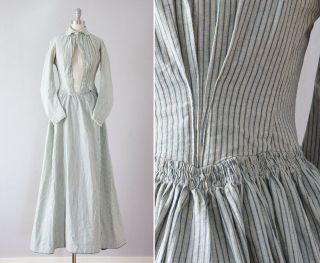 Antique Victorian Striped Cotton Flannel Dress In Blue And Cream W/ Lace Trim