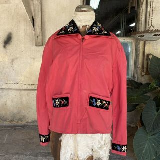 Vintage 1930s 1940s Pink Cotton Peasant Jacket Embroidered Flowers Velvet Sports