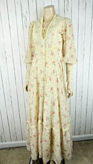 Vintage Gunne Sax Style Prairie Lace Corset Floral Ivory Cotton Voile Gown Dress