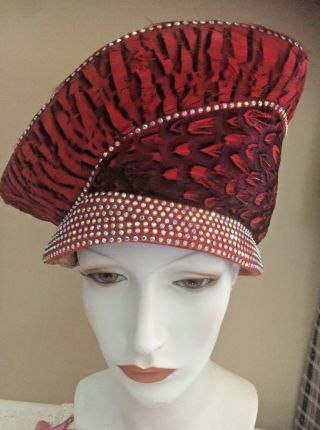 Vintage Ladies Hat Jack Mcconnell Red Feather Label Red & Black Feathers & Rs Se