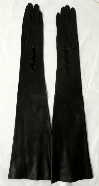Elegant Size 6 1/2,  22 5/8 Inch Vintage Black Long Italian Leather Opera Gloves