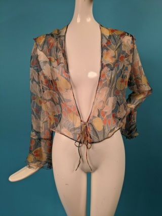 Antique 1930s Floral Silk Chiffon Jacket With Bell Sleeves