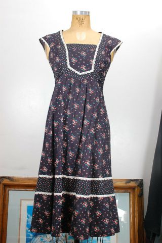 Vintage 70s Floral Gunne Sax Dress Prairie Cottage Core Boho Hippie XS S Navy 3