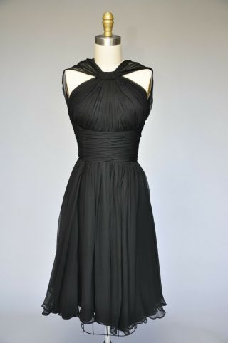 Vtg 50s 1950s Black Chiffon Halter Bombshell Party Dress Pleating Full Skirt Xs