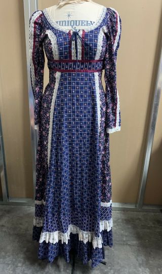 Vintage Gunne Sax Jessica Prarie Dress 1970’s Boho Blue Laced Long Sleeve Sz 5