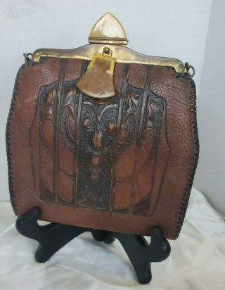 Antique Vintage 20s Brown Leather Tooled Purse Art Deco Nouveau Flapper W/ Lock