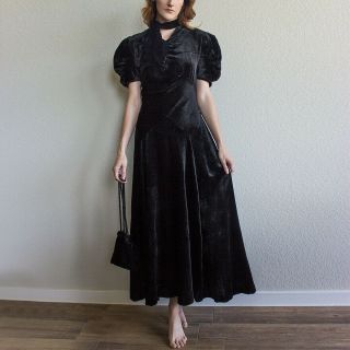Vtg 1930s Black Velvet Puff Sleeve Dress Set - Matching Bag Scarf Sz S