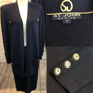 St John M 14 Santana Knit Long Jacket Skirt Suit W/ Pants 3 Piece Set Navy Blue