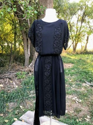 Antique 1920s Silk Chiffon Lace Dress Lace Tassel Belt Large