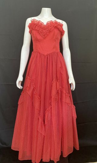 Vintage 80s Gunne Sax Dress Red Strapless Prom Full Sweep Maxi Polka Dot Size 11