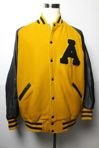 Vtg Tm Athletic Mustard Gold Black Wool Leather Letterman Varsity Jacket Xxl Usa