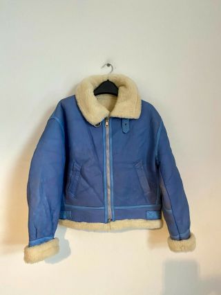 Vintage Aviator B3 Flight Blue Leather Sheepskin Shearling Bomber Jacket Coat