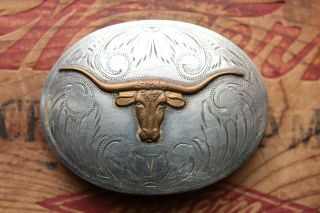 Vtg Irvine Jachens Comstock Silver Longhorn Steer Cowboy Western Belt Buckle