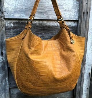 Brahmin Tan/marigold Croc Embossed Leather Hobo Shoulder Bag Tote L Xl (offer)