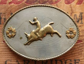 Vintage Hand Made Ricardo Nickel Silver Bull Rodeo Cowboy Western Belt Buckle