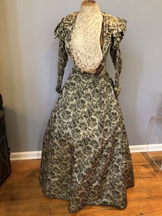 Antique 19th Century Silk Brocade Victorian Beaded Dinner ? Dress Gown