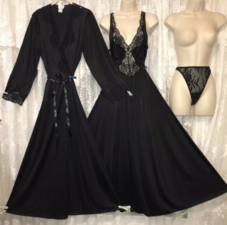 Vtg Black M L Peignoir Robe Full Sweep Nightgown Negligee Set,  Olga Panties