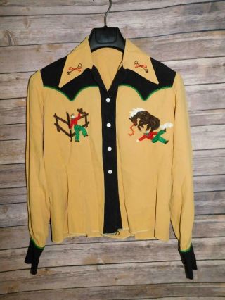 Vintage 50s S Yellow Black Rockabilly Western Snap Shirt Embroidered Cowboy Lady