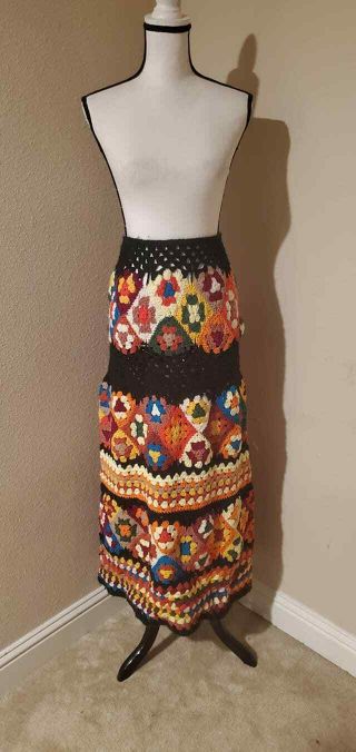 Vintage 70s Knitted Crochet Afghan Style Quilt Maxi Skirt Mini Dress