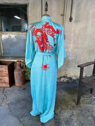Antique 1930s Blue Silk Chinese Robe Red Embroidered Dragon & Bat Belt Vintage 3