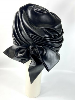 Vintage CHRISTIAN DIOR Turban Hat Haute Couture Pleated Black Satin? Hahne & Co 3
