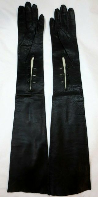 Size 7 1/2,  23 1/8 Inch Vintage Black Long Kidskin Leather Opera Gloves