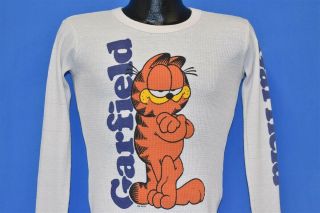 Vintage 80s Garfield The Cat Cartoon Off White Thermal Waffle Ls T - Shirt Small S