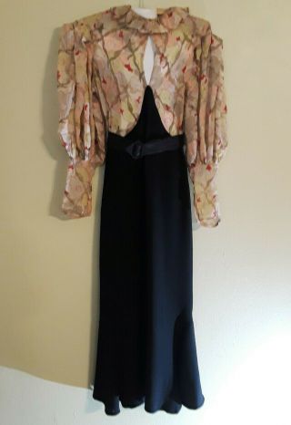 Vtg 1930s 1940s Wwii Crepe & Satin Black Pink & Gold Dress 30s 40s Rare As - Is S