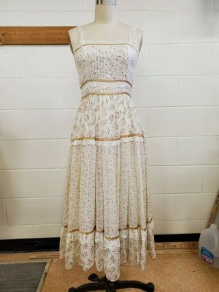 Gunne Sax Beige Floral Cotton Tea Length Dress Size Xs/s