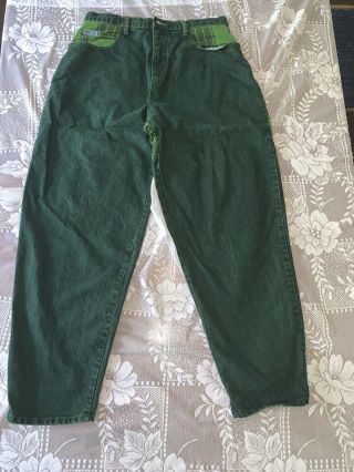 Rare Vintage 80s 90s Cross Colours Green Denim Jeans Pants Hip Hop Plaid 38/40 2