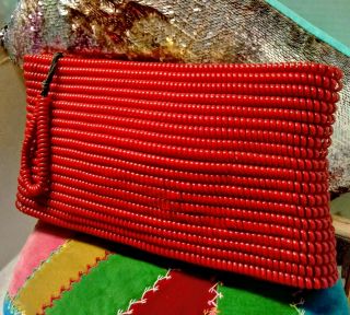 VINTAGE RARE Hand CoilBEADED RED CLUTCH Bag ART DECO 1930 ' s to 1940 ' s 2