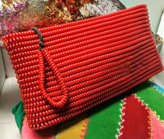 VINTAGE RARE Hand CoilBEADED RED CLUTCH Bag ART DECO 1930 ' s to 1940 ' s 3